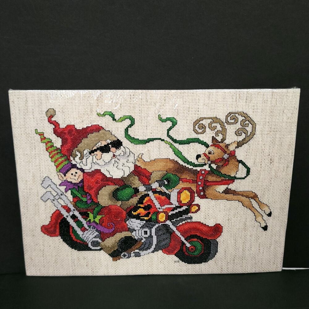 Handmade Cross Stitch Santa Motorcycle Reindeer Christmas Needlework Unframed